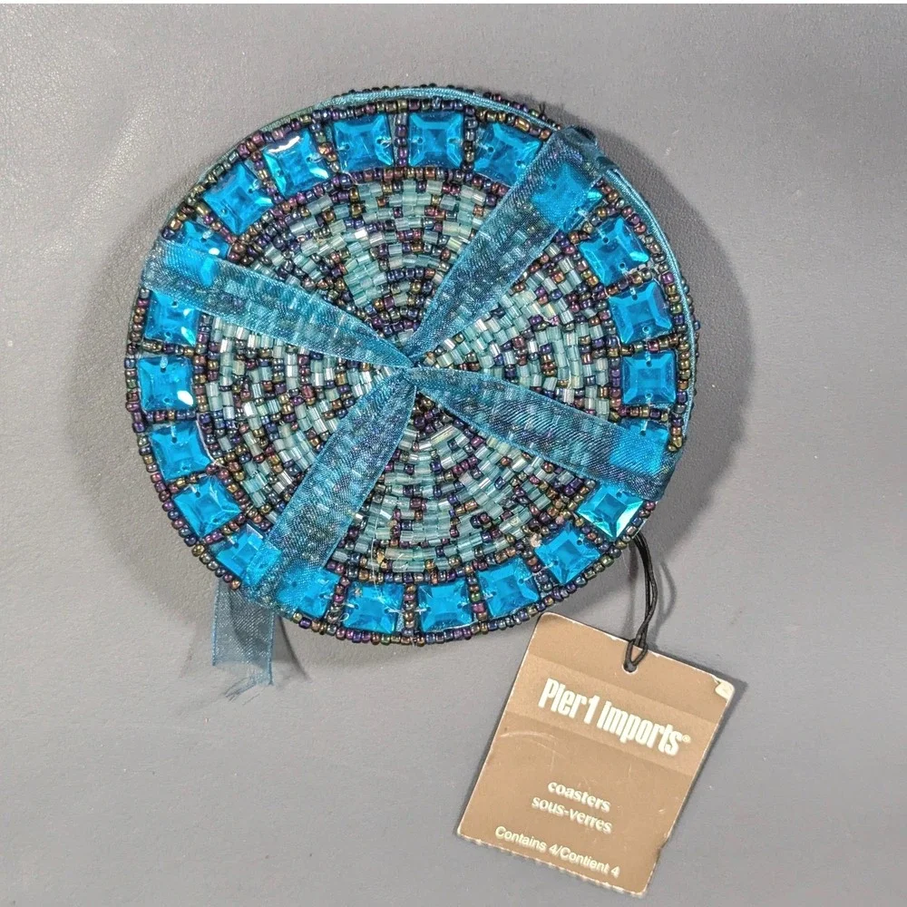 Pier 1 Imports Blue Beaded Coasters Set of 4 Turquoise Crystal Round 4in
